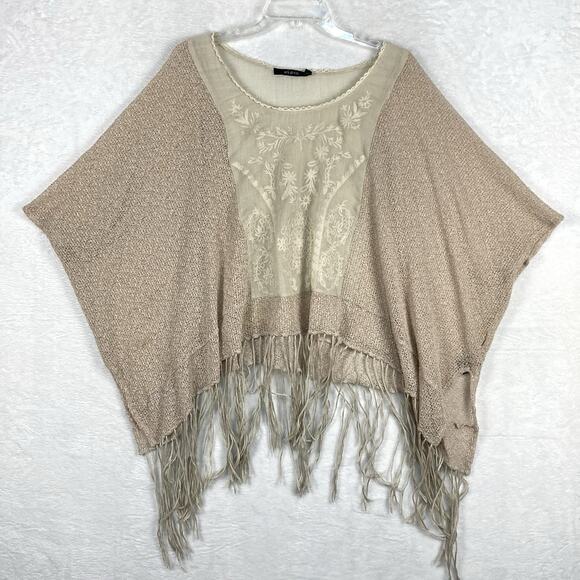 Ark & Co Womens M Boho Tan Sheer Embroidered Fringe Poncho Top Hippie Prairie - Picture 1 of 12